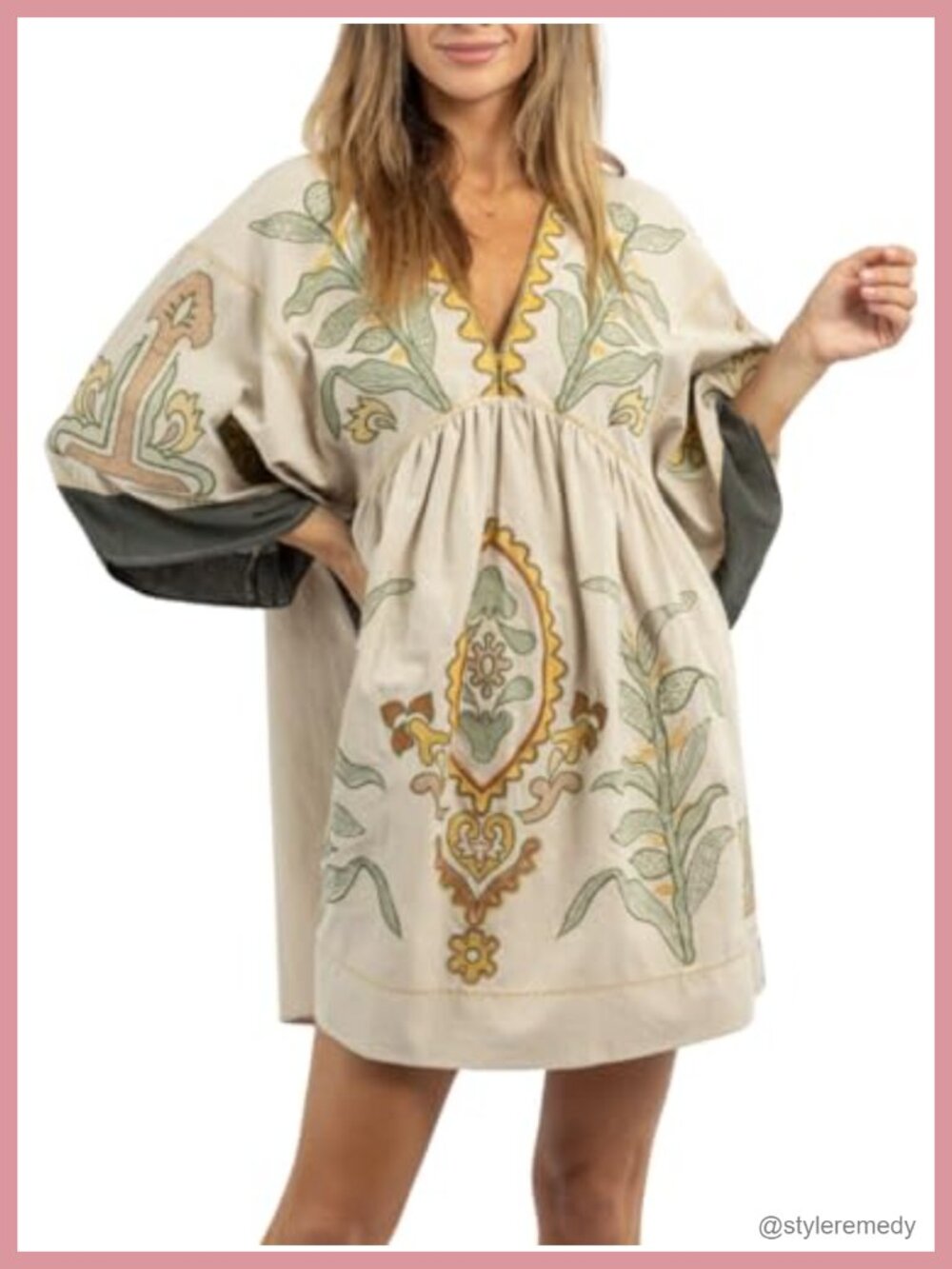 Womens Oversized Embroidered Dress V-Neck 3/4 Sleeve Vintage Babydoll Mini